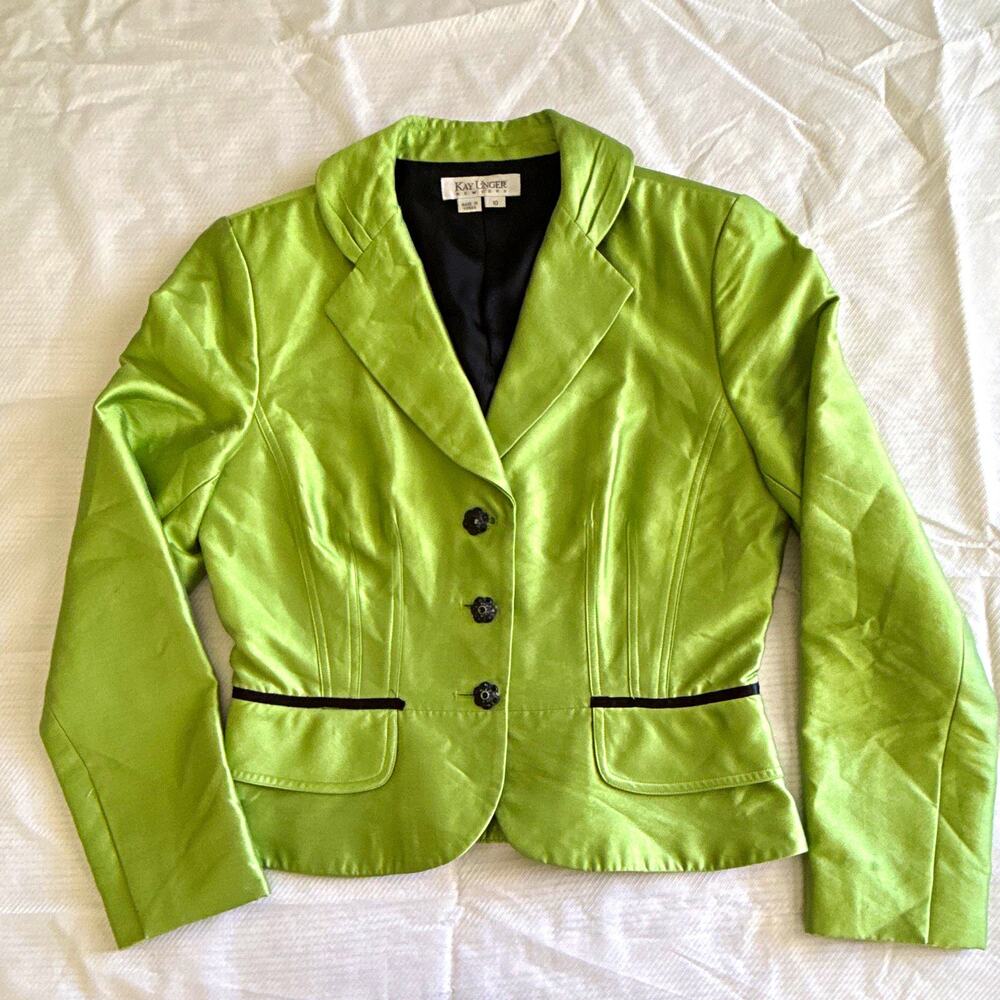Kay Unger New York Women’s Green Silk Blend Blazer Jacket Short Lined 10